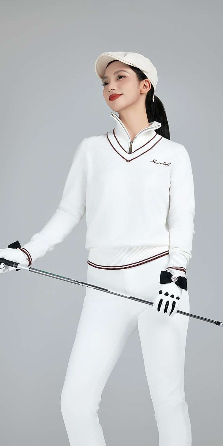 ロングTシャツ　ゴルフ向け優雅なVネックニットトップス