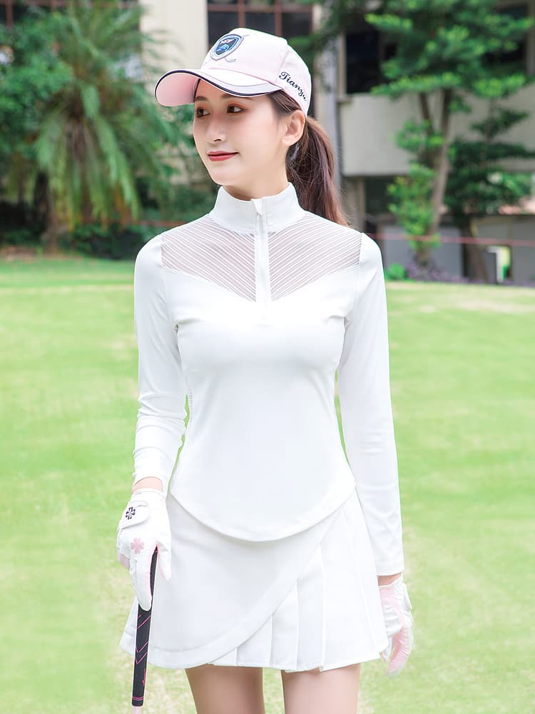 ロングTシャツ　レディーススポーツウェア ハイネック メッシュ切替ゴルフウェア