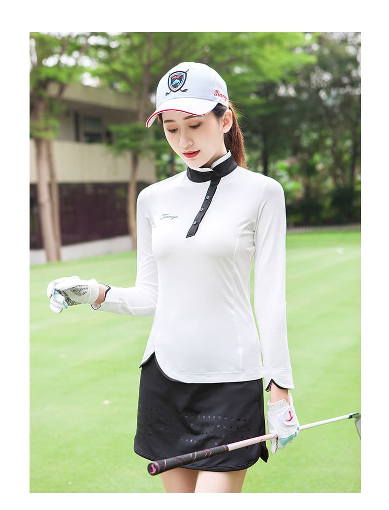 ロングTシャツ レディーススポーツウェア ゴルフ向けスタンドカラー 長袖トップス