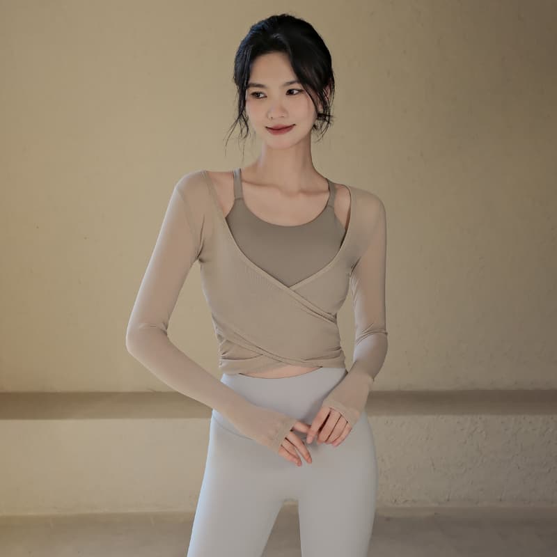 ロングTシャツ　クロスラップ長袖スポーツトップス