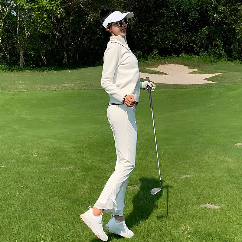 ロングTシャツ　ゴルフ向け優雅なVネックニットトップス