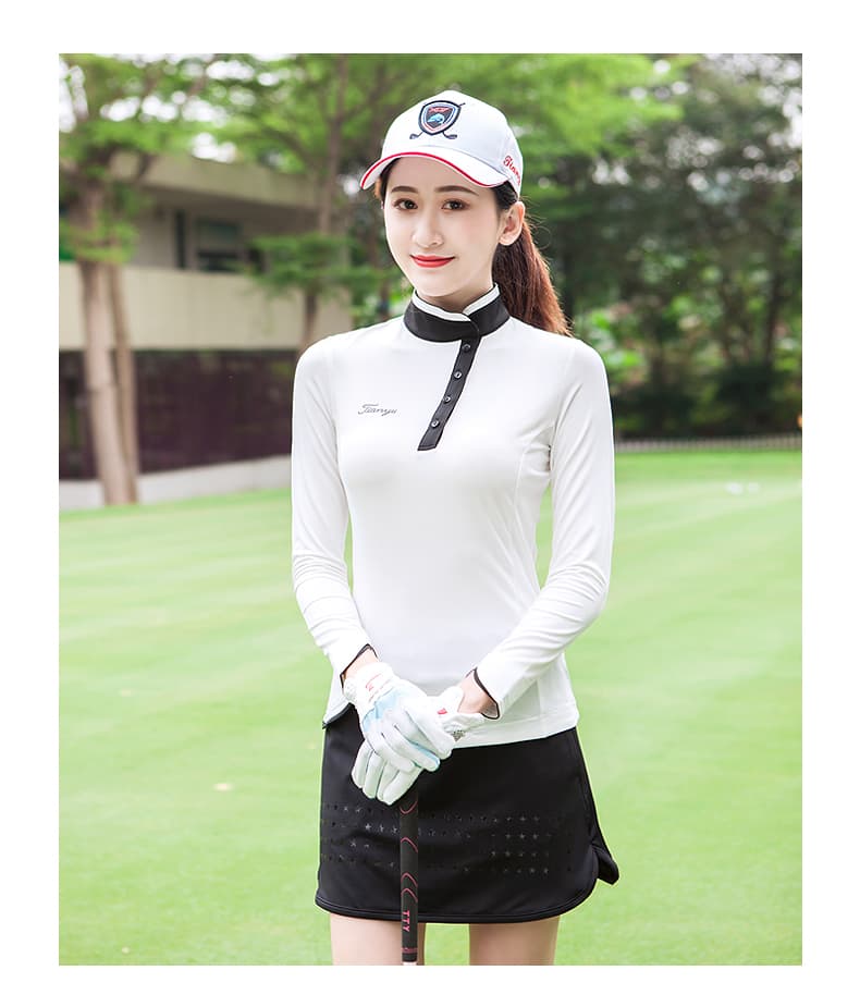 ロングTシャツ レディーススポーツウェア ゴルフ向けスタンドカラー 長袖トップス