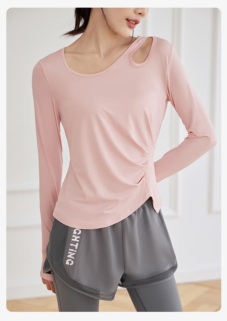 ロングTシャツ レディーススポーツウェア 肩開きデザイン ドレープトップス