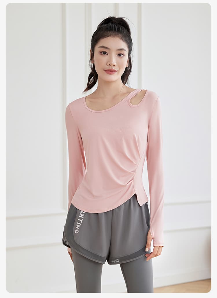 ロングTシャツ レディーススポーツウェア 肩開きデザイン ドレープトップス