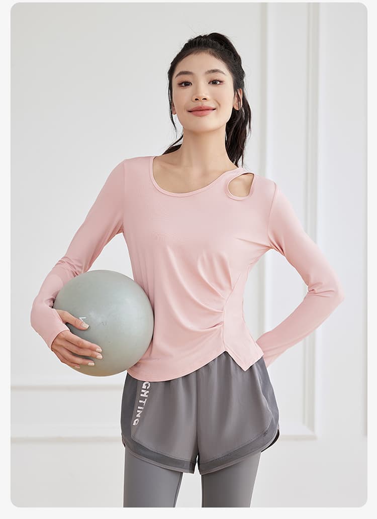 ロングTシャツ レディーススポーツウェア 肩開きデザイン ドレープトップス